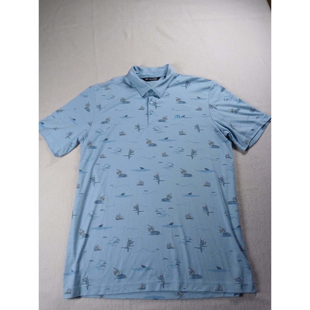 TravisMathew Mens XL Blue Tropical Parrot Pelican Shark Print Golf Polo Shirt - Picture 1 of 5